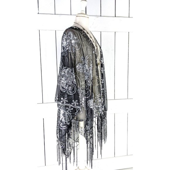 Silver black floral sequin sheer kimono cover up jacket - Picture 3 of 4